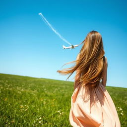 A young woman standing in a field, viewed from a low angle looking up at the sky