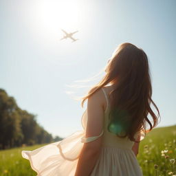 A young woman standing in a sunlit field, captured from a low angle looking upward as she gazes at an airplane soaring in the clear blue sky