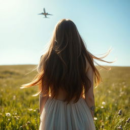 A young woman standing in a sunlit field, captured from a low angle looking upward as she gazes at an airplane soaring in the clear blue sky