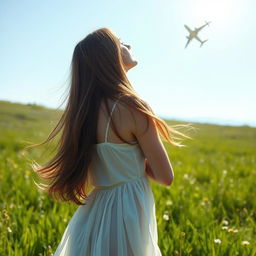 A young woman standing in a sunlit field, captured from a low angle looking upward as she gazes at an airplane soaring in the clear blue sky