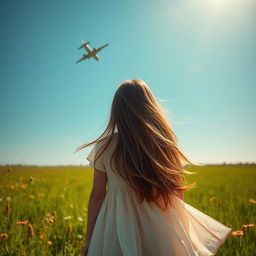 A young girl standing in a vibrant green field, viewed from a low angle as she gazes up at an airplane soaring in the bright blue sky