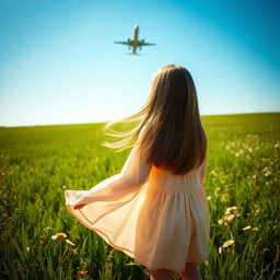 A young girl standing in a vibrant green field, viewed from a low angle as she gazes up at an airplane soaring in the bright blue sky