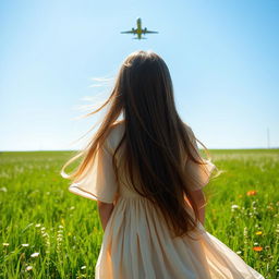 A young girl standing in a vibrant green field, viewed from a low angle as she gazes up at an airplane soaring in the bright blue sky