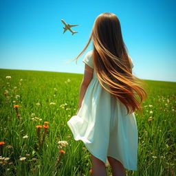 A young girl standing in a vibrant green field, viewed from a low angle as she gazes up at an airplane soaring in the bright blue sky