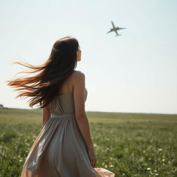 A young woman standing in a wide, open field viewed from a low angle