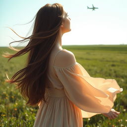 A young woman standing in a wide, open field viewed from a low angle