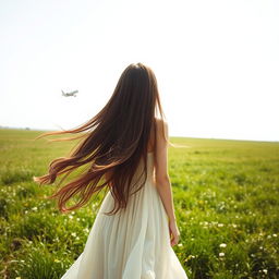 A young woman standing in a wide, open field viewed from a low angle