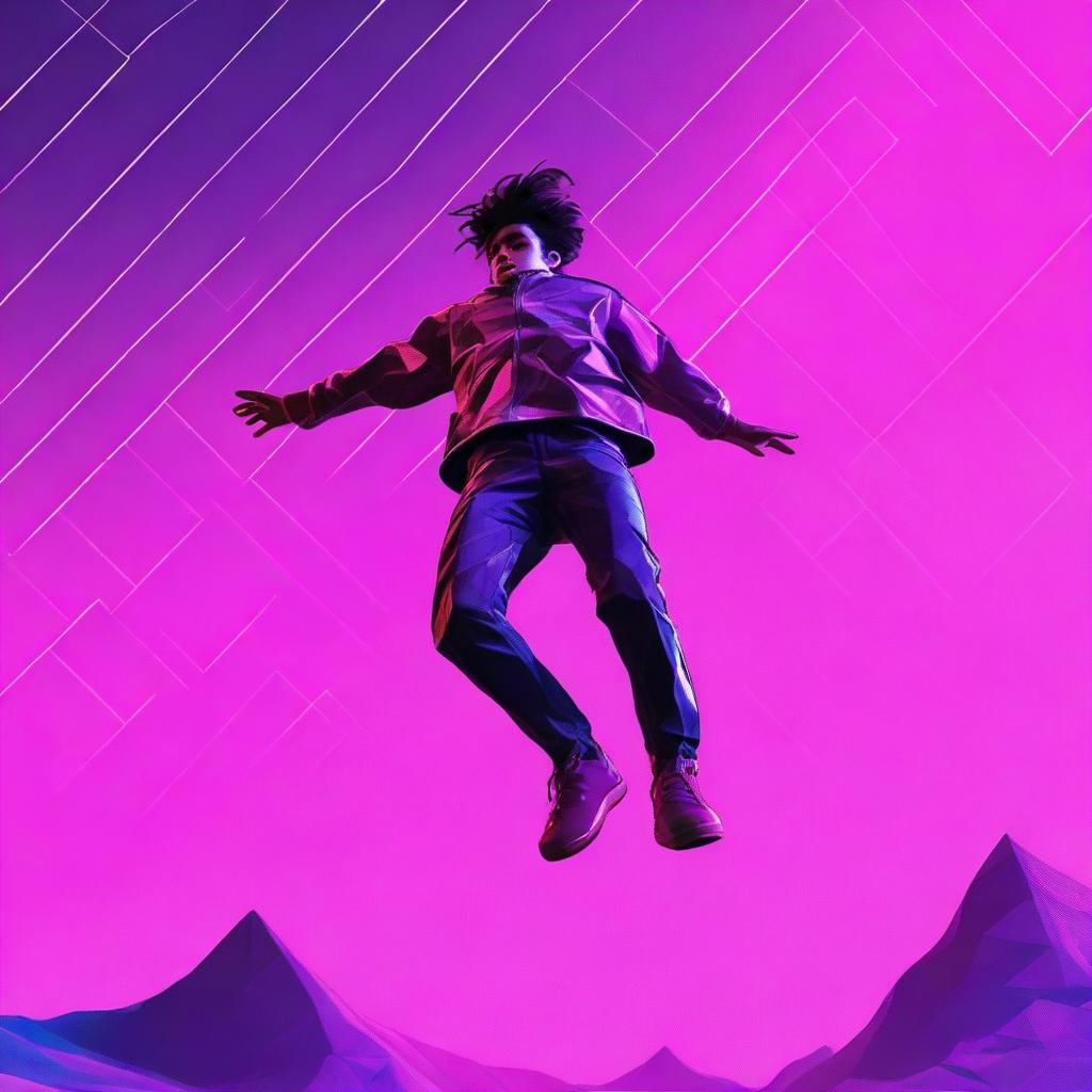 A high-quality digital rendering of a teenager falling from a synthwave sky