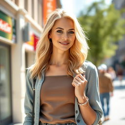 A 35-year-old woman with light blonde hair, resembling a typical American look, dressed in casual yet chic clothing