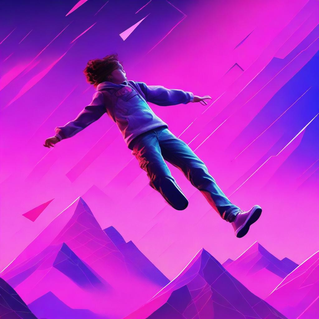 A high-quality digital rendering of a teenager falling from a synthwave sky