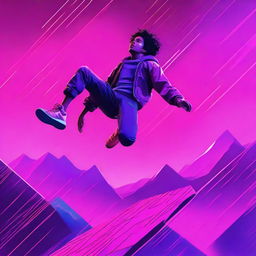 A high-quality digital rendering of a teenager falling from a synthwave sky