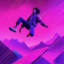 A high-quality digital rendering of a teenager falling from a synthwave sky