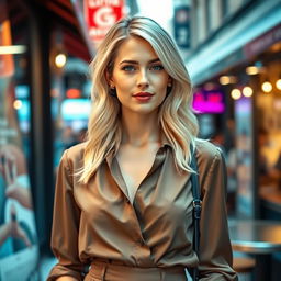 A 35-year-old woman with light blonde hair, embodying an American appearance, dressed in fashionable clothing that does not reveal any cleavage