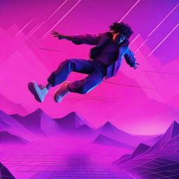 A high-quality digital rendering of a teenager falling from a synthwave sky