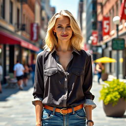 A 35-year-old woman with light blonde hair, featuring a classic American appearance, dressed in modern and stylish clothing
