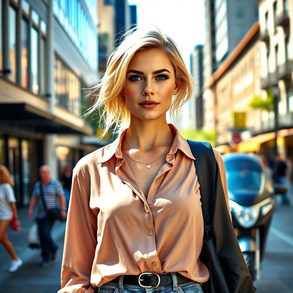 A 35-year-old woman with light blonde hair, featuring a classic American appearance, dressed in modern and stylish clothing