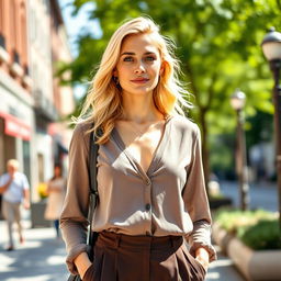 A 35-year-old woman with light blonde hair, showcasing an American appearance, dressed in stylish clothing featuring a closed neckline