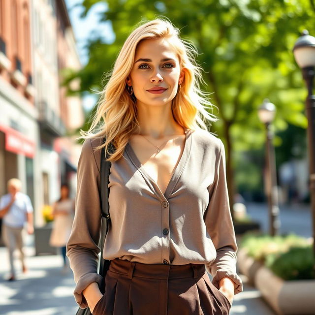 A 35-year-old woman with light blonde hair, showcasing an American appearance, dressed in stylish clothing featuring a closed neckline