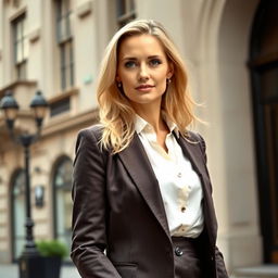 A 35-year-old woman with light blonde hair, showcasing an American appearance, dressed in classic and elegant clothing