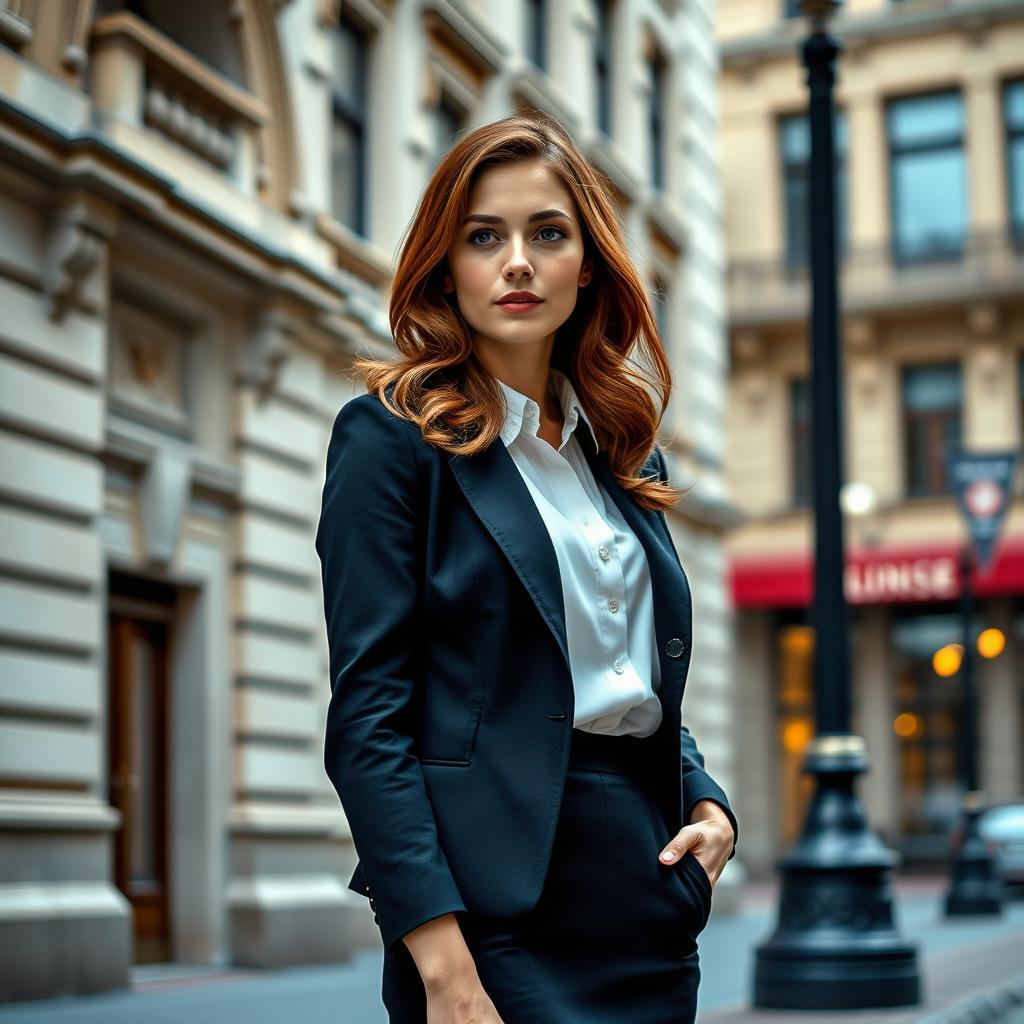 A 35-year-old woman with chestnut brown hair, showcasing an American appearance, dressed in classic and elegant clothing