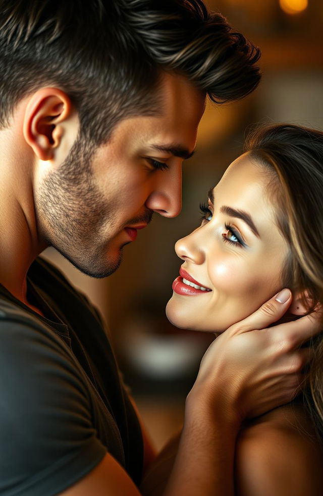 A beautiful scene capturing a muscular, attractive young man gazing into the eyes of a stunningly gorgeous young woman, both poised at the brink of a kiss