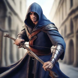 A digital art image of an average-looking 30-year-old European male, dressed as a sorcerer fighter