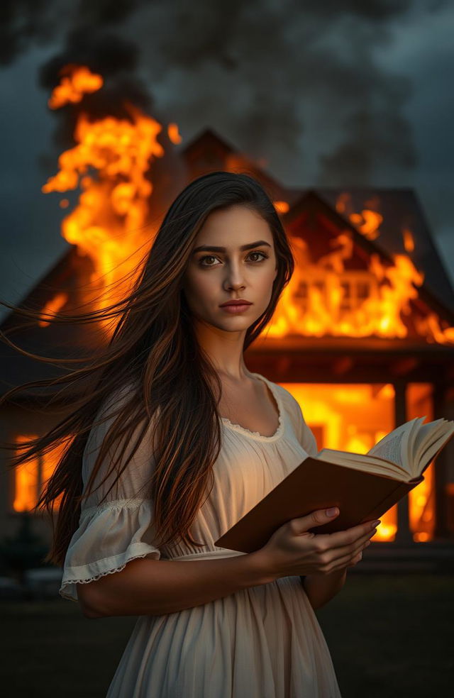 A young woman with long flowing hair, holding an open book in one hand, standing in front of a dramatically burning house