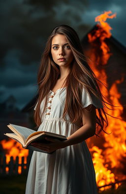 A young woman with long flowing hair, holding an open book in one hand, standing in front of a dramatically burning house