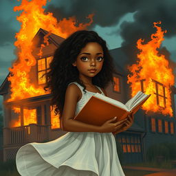 A biracial girl with beautiful mixed features, her long, curly hair cascading down her shoulders, holding an open book in one hand, standing in front of a dramatically burning house