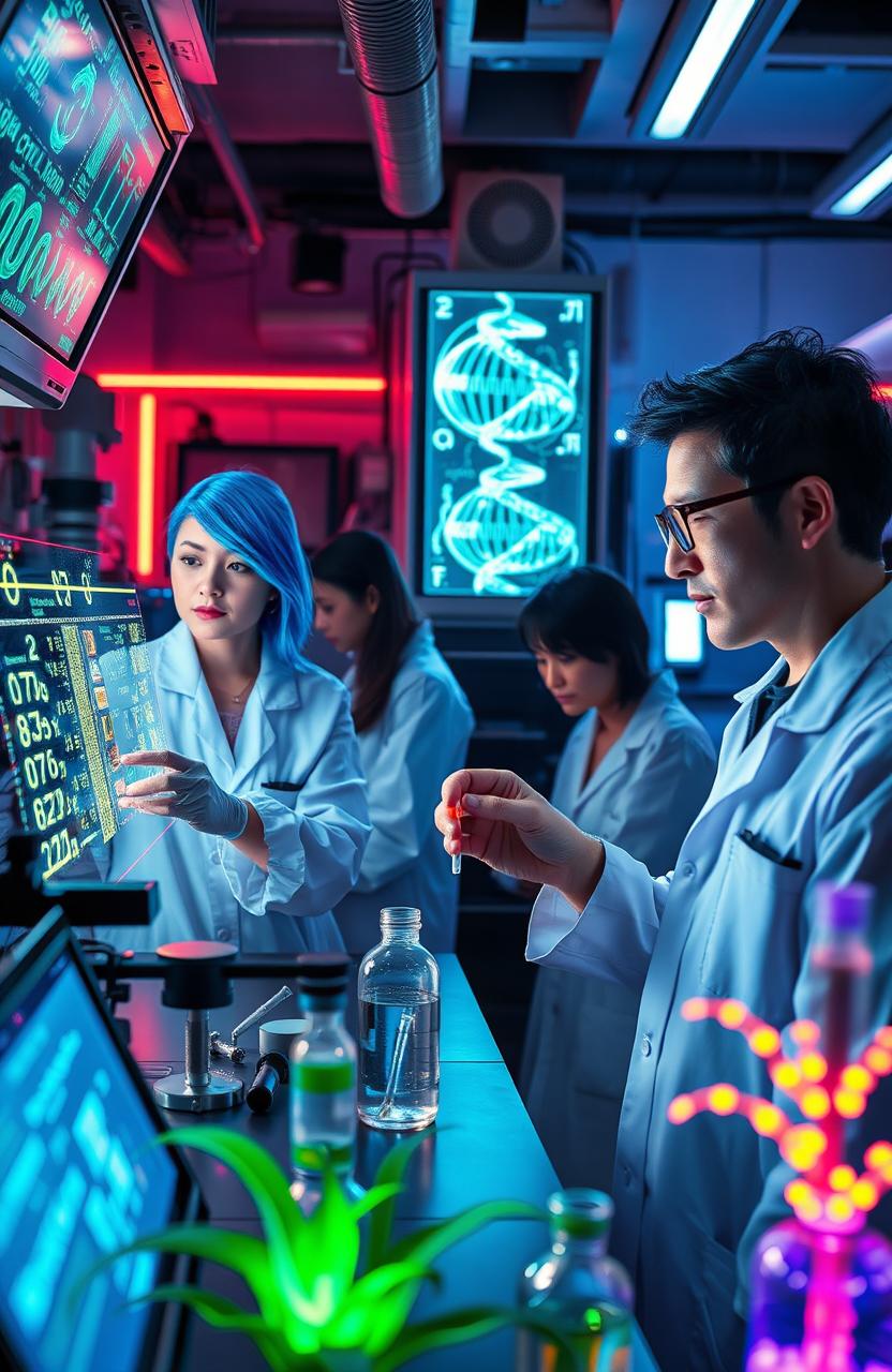 A futuristic laboratory scene showcasing biohacking, featuring a diverse group of scientists experimenting with advanced biotechnology