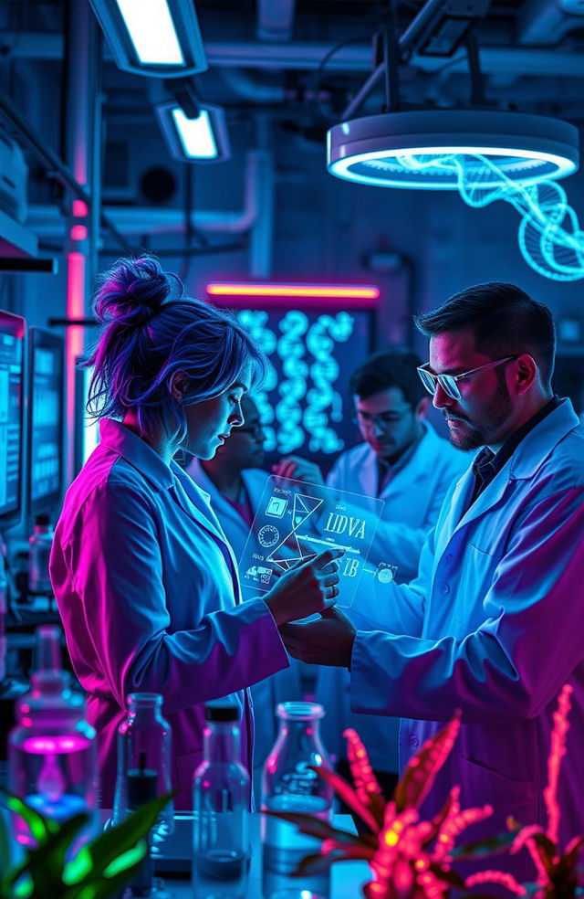 A futuristic laboratory scene showcasing biohacking, featuring a diverse group of scientists experimenting with advanced biotechnology