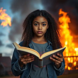 A biracial teen girl with striking mixed features and long, curly hair, standing confidently in front of a burning house while holding an open book in one hand