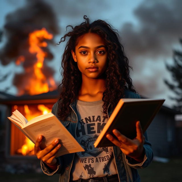 A biracial teen girl with striking mixed features and long, curly hair, standing confidently in front of a burning house while holding an open book in one hand