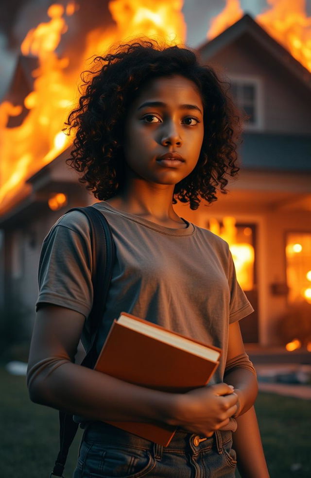 A biracial teenage girl with a thoughtful expression, holding a book in her hand, stands in front of a dramatically burning house