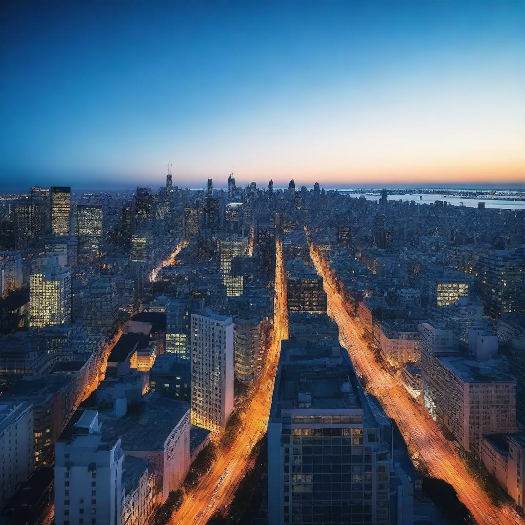 A high-quality photograph of a city during the 'blue hour'