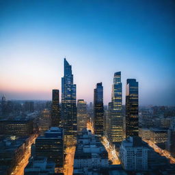 A high-quality photograph of a city during the 'blue hour'