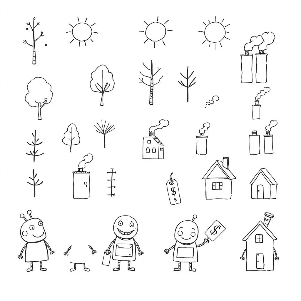 A collection of hand-drawn, minimalist illustrations in black ink, inspired by the style of children's cartoons like Peppa Pig, Bluey, and Charlie and Lola