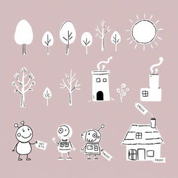 A collection of hand-drawn, minimalist illustrations in black ink, inspired by the style of children's cartoons like Peppa Pig, Bluey, and Charlie and Lola