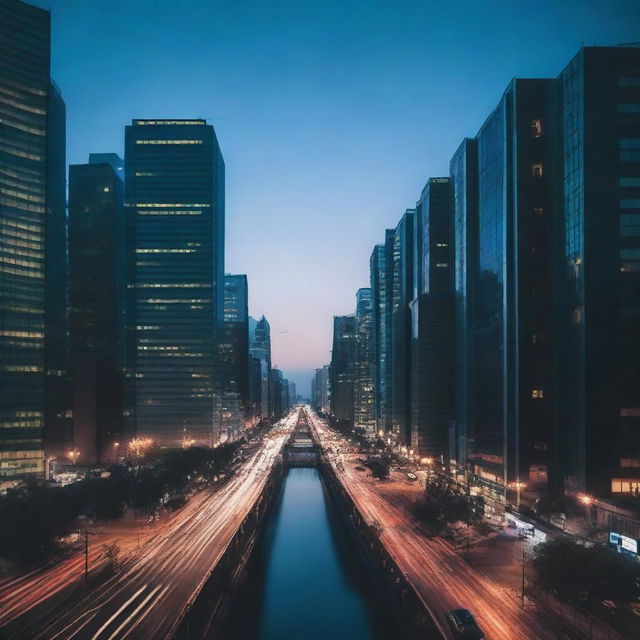 A high-quality photograph of a city during the 'blue hour'