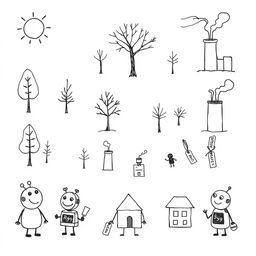 A collection of hand-drawn, minimalist illustrations in black ink, inspired by the style of children's cartoons like Peppa Pig, Bluey, and Charlie and Lola