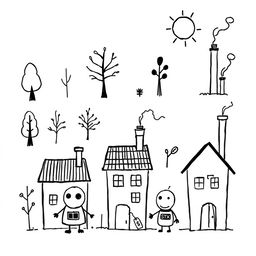 A collection of hand-drawn, minimalist illustrations in black ink, inspired by the style of children's cartoons like Peppa Pig, Bluey, and Charlie and Lola