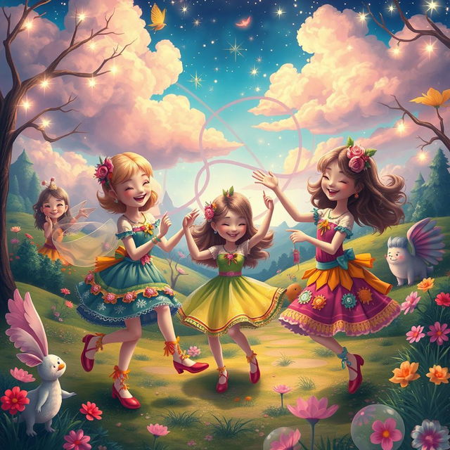 An imaginative and playful scene depicting a fantasy realm filled with whimsical creatures and enchanting landscapes