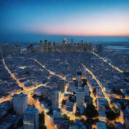 A high-quality photograph of a city during the 'blue hour'