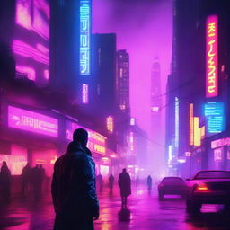 This high-quality digital art piece, inspired by Blade Runner 2077, features a vibrant, neon-lit futuristic cityscape with a lone figure in the foreground