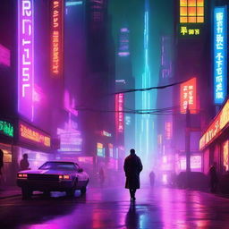 This high-quality digital art piece, inspired by Blade Runner 2077, features a vibrant, neon-lit futuristic cityscape with a lone figure in the foreground