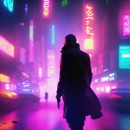 This high-quality digital art piece, inspired by Blade Runner 2077, features a vibrant, neon-lit futuristic cityscape with a lone figure in the foreground