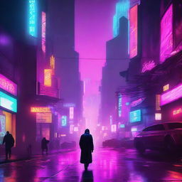 This high-quality digital art piece, inspired by Blade Runner 2077, features a vibrant, neon-lit futuristic cityscape with a lone figure in the foreground