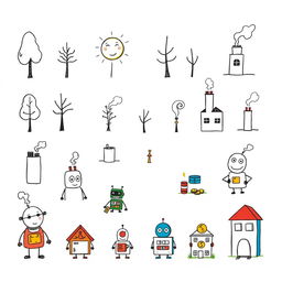 A collection of hand-drawn, minimalist illustrations in black ink, inspired by children's cartoon styles like Peppa Pig, Bluey, and Charlie and Lola