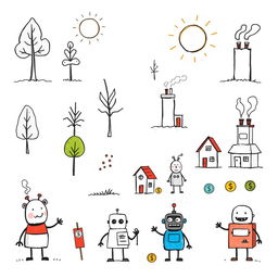 A collection of hand-drawn, minimalist illustrations in black ink, inspired by children's cartoon styles like Peppa Pig, Bluey, and Charlie and Lola