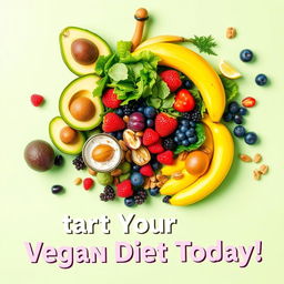 A vibrant and engaging poster promoting a vegan diet, featuring an array of colorful fruits and vegetables arranged artistically